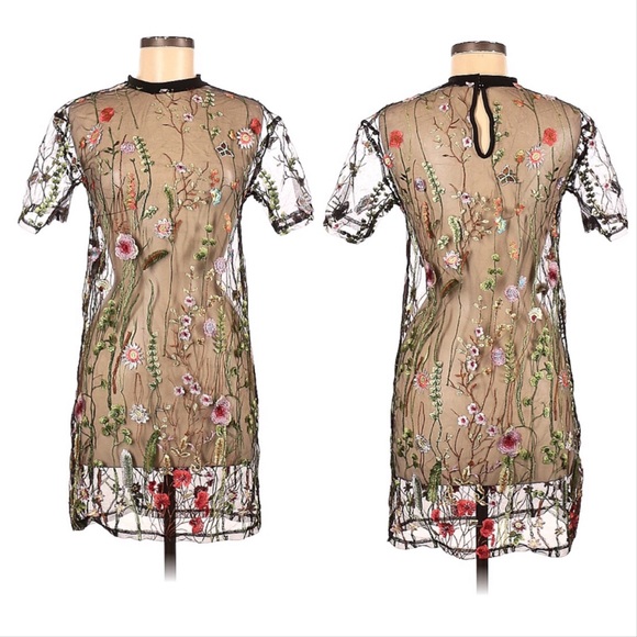 Boohoo Floral Embroidered Lace Black Mock Dress/ Swimsuit Cover Tall 6 - Picture 2 of 10